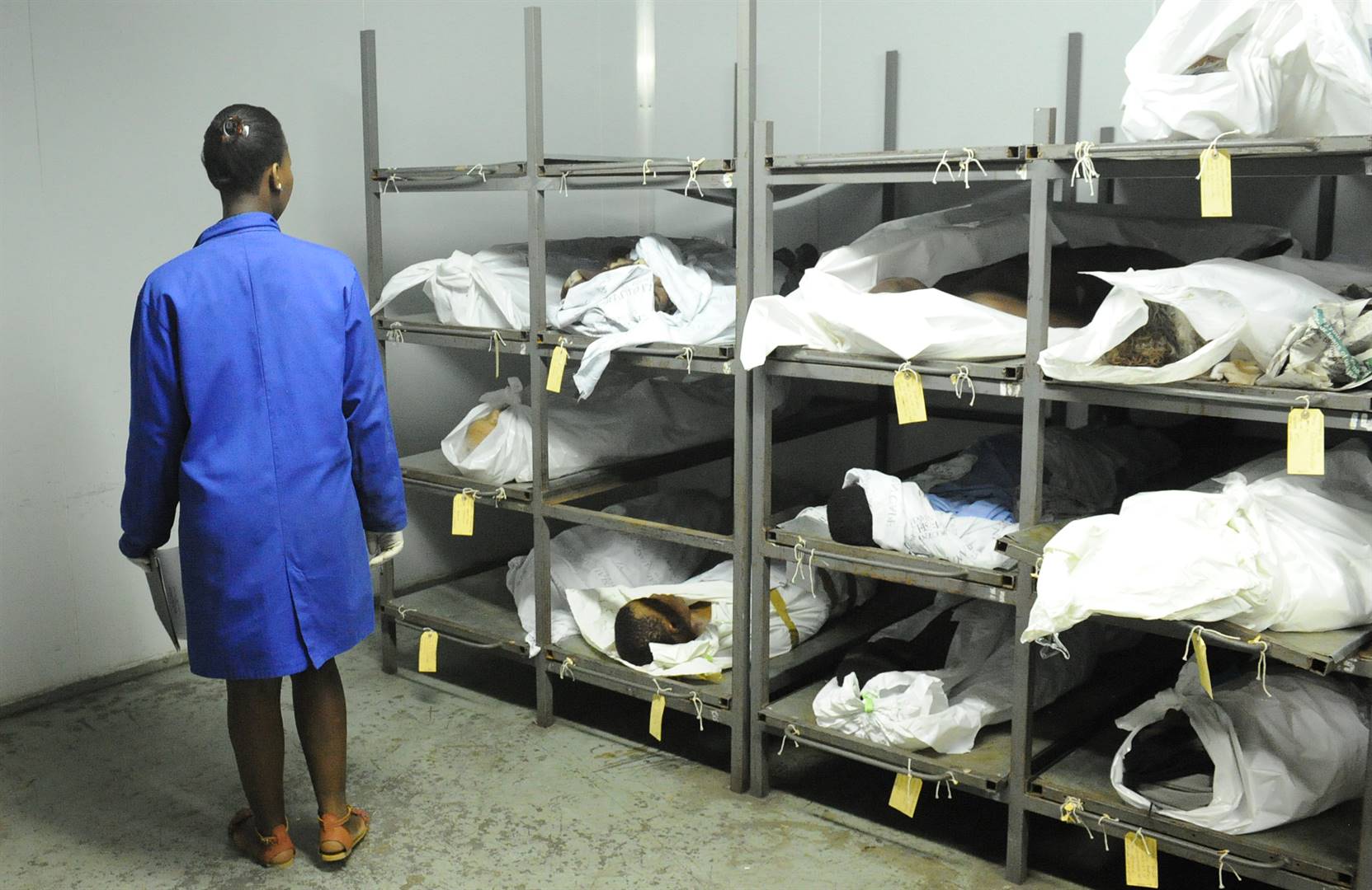 Forensic Pathology Service operations and mortuary facilities at Germiston, handling unclaimed bodies under statutory 30-day identification protocols.