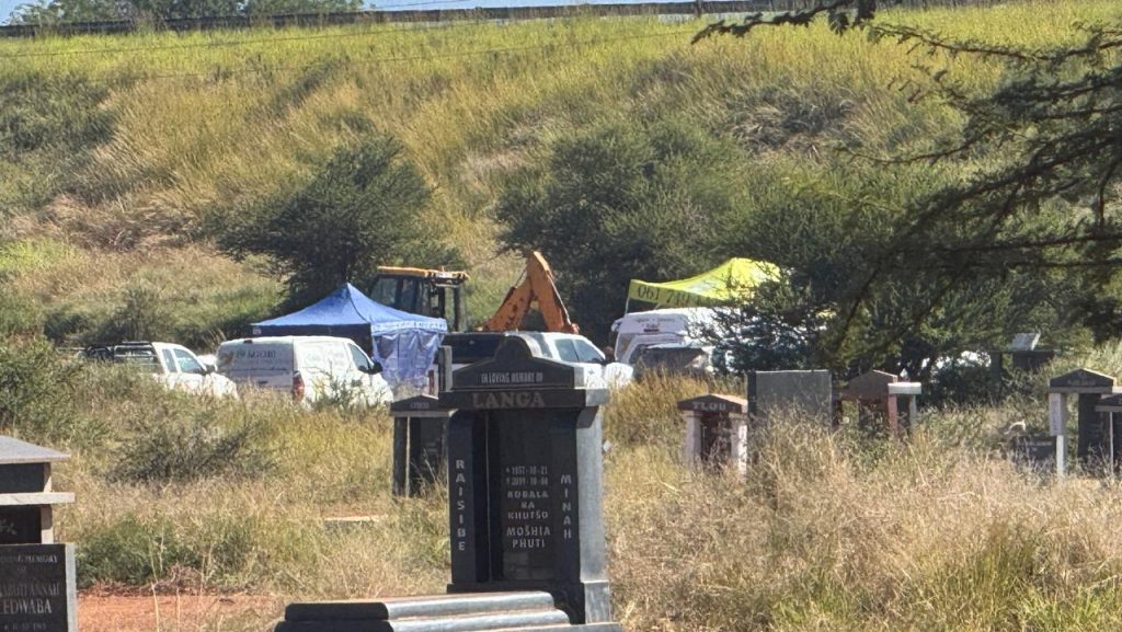 Forensic teams and Limpopo Department of Health officials at the Mookgophong cemetery during the mass pauper graves investigation in 2025.